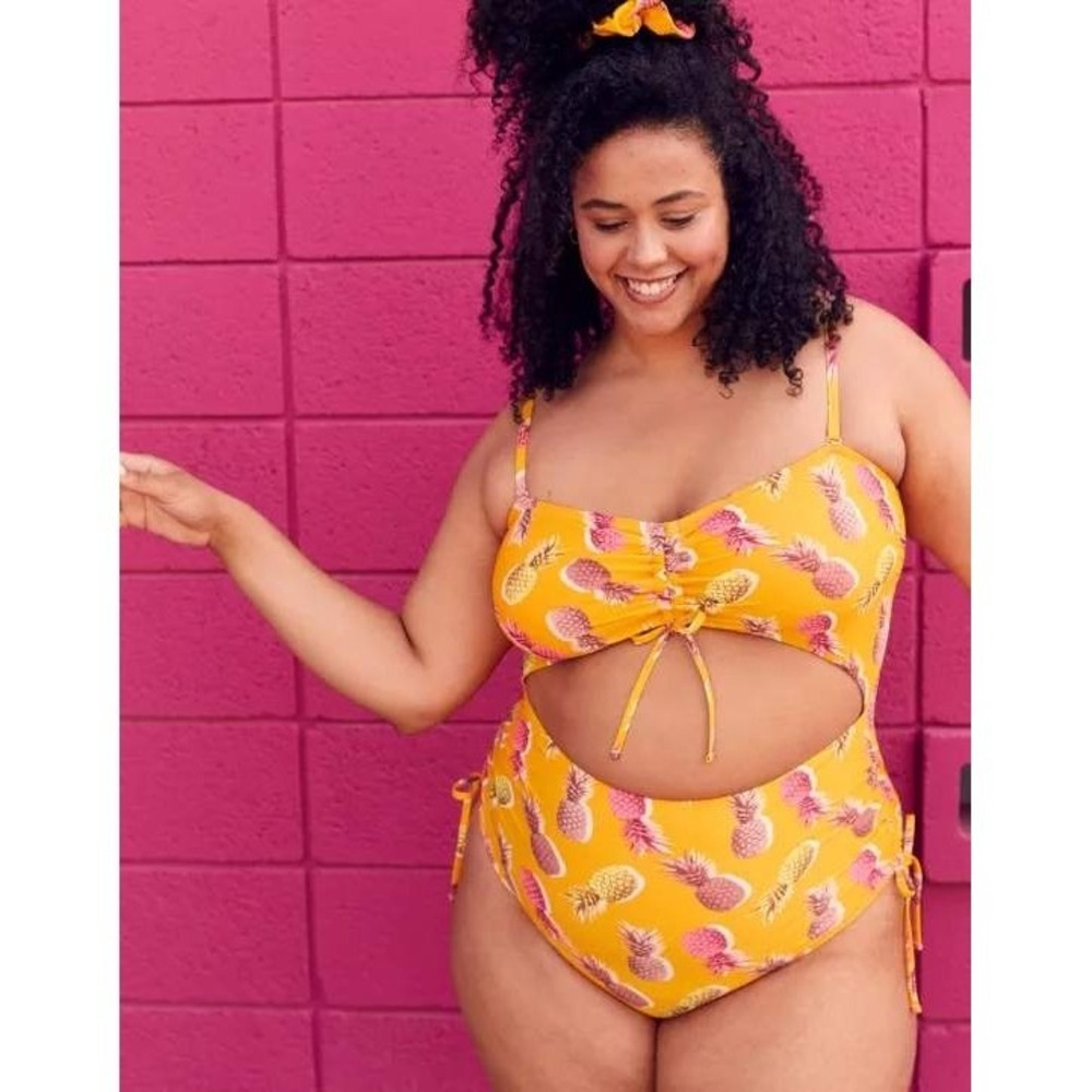 Aerie Yellow Pineapple Print Cutout One Piece Swimsuit Size L Ruched Front Tie